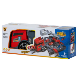 Transportér TIR 2v1 parkovací garáž hasiči + 3 auta červená